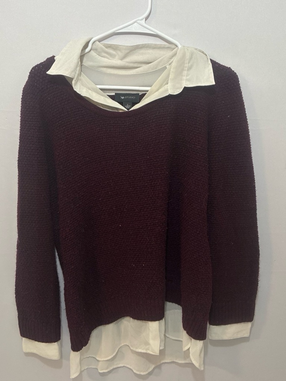 AB Studio Burgundy Crewneck Sweater with Cream Shirt Detail